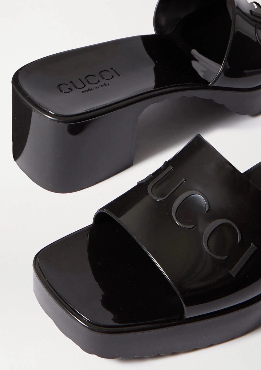 GUCCI 'Plastique' Logo Rubber Heeled Mule Slide Sandals Black 38