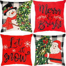 Set of 4 Christmas Pillow Covers 18X18 Inch Snowman Santa Elk for Home Decor