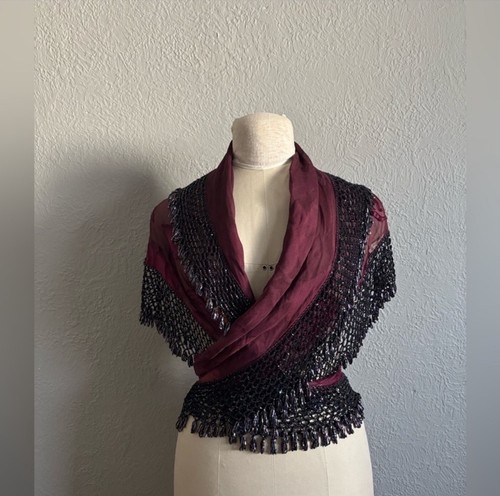 EUC Vintage Beaded Velvet Plum Beaded Scarf - Picture 3 of 11
