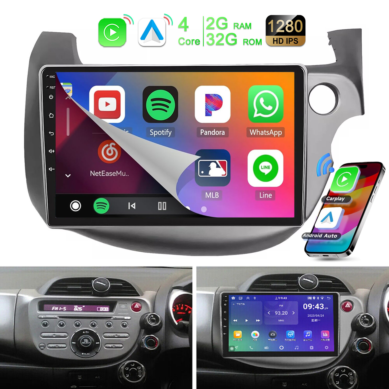 Android 14 Car Stereo For Honda JAZZ / FIT 2007-2013 GPS Radio 32G Apple CarPlay