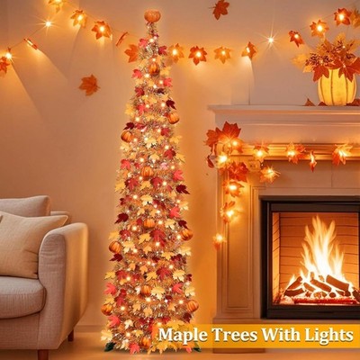 5 FT Fall Tree Fall Decor, Tinsel Maples Tree with 50 Warm White Lights | Orange