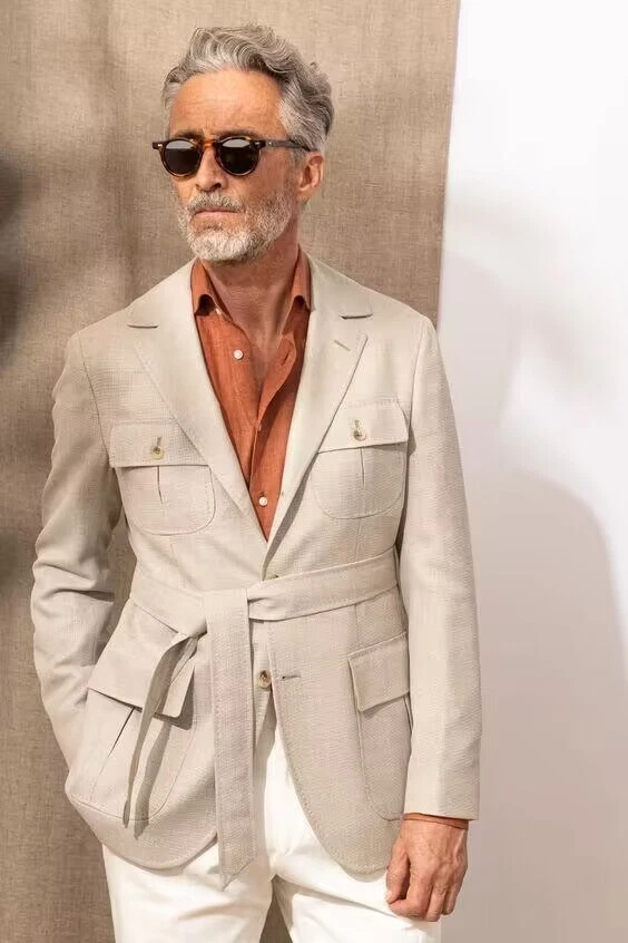 Jaquetas masculinas de linho safári com cinto smoking verão ao ar livre casaco empresarial diário - Imagem 2 de 4