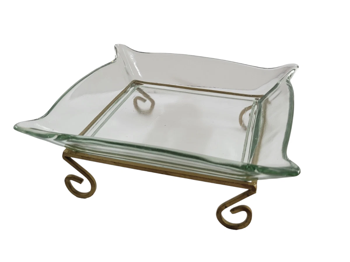 Clear Square Glass Serving Dish with Gold Metal Caddy Stand 9