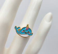 Girl's Childs Gold Tone Enamel Narwhal Unicorn Whale Size 4 Adjustable Ring Cute