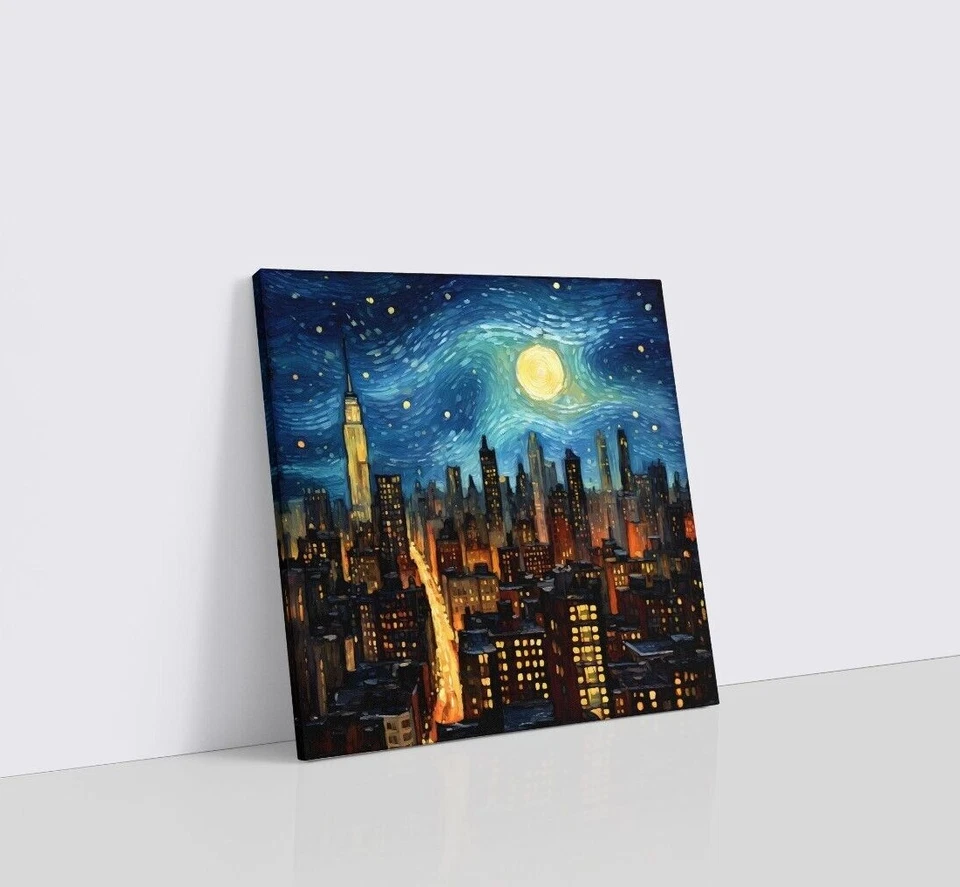 Arte de pared enmarcado en lienzo impresión pintura fusión noche estrellada de la ciudad de Ney York Van Gogh Foto 3 de 4