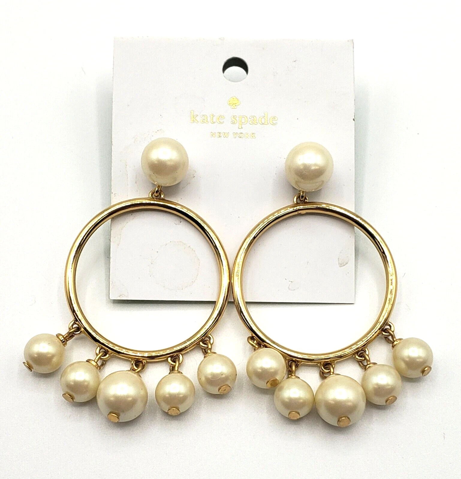 Nuovi orecchini pendenti Kate Spade New York placcati oro perle finte cerchio goccia