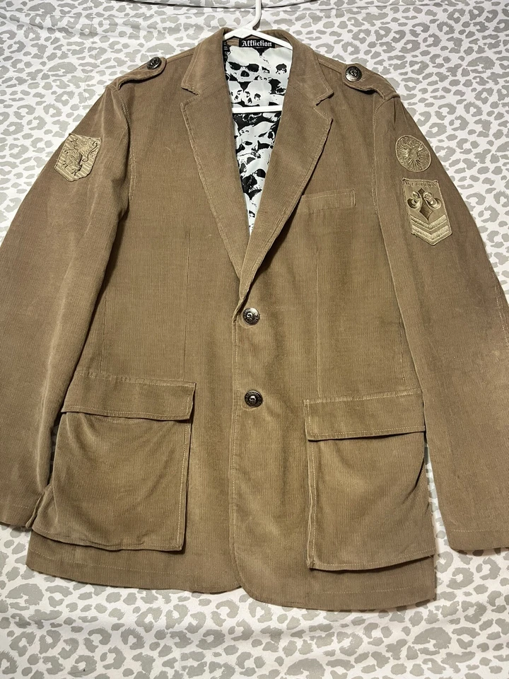 AFFLICTION Para hombres Tostado Pana Bordado Calavera Abrigo Informal Chaqueta Deportiva M-40/42 Foto 2 de 4
