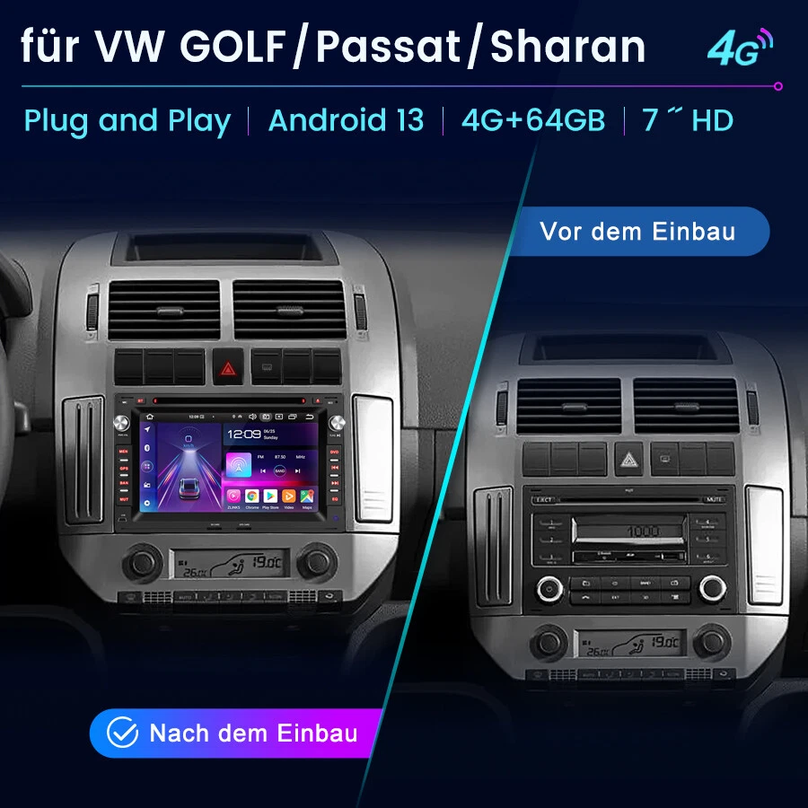 Für VW Polo 9N Golf 4 Passat B5 T5 4+64G Android 14 Autoradio Carplay GPS DVD CD - Bild 3 von 4