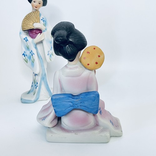 Vintage Porzellan Geisha Figur 2 Mädchen Fan Trommel Paar Ornamente handbemalt - Bild 6 von 18