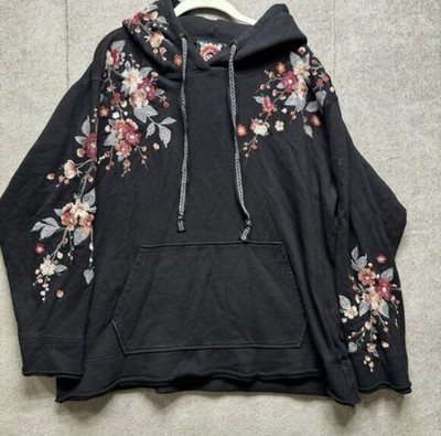 Johnny Was Black Floral Embroidered Hoodie Sweatshirt Kangaroo Pocket Large Boho