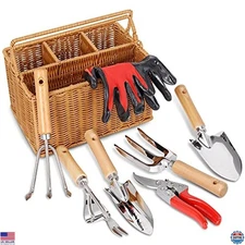 Heavy Duty Stainless Steel Garden Tools Set with Basket, Gloves & Pruning Shears