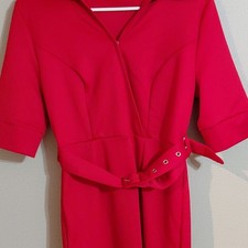 V-Neck Red Solid Zip Front Belted Dress, Elbo...