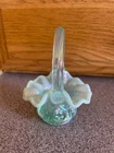 FENTON ART GLASS MINI BASKET GREEN/OPAL.RUFFLED HAND PAINTED HAND SIGNED 4' T