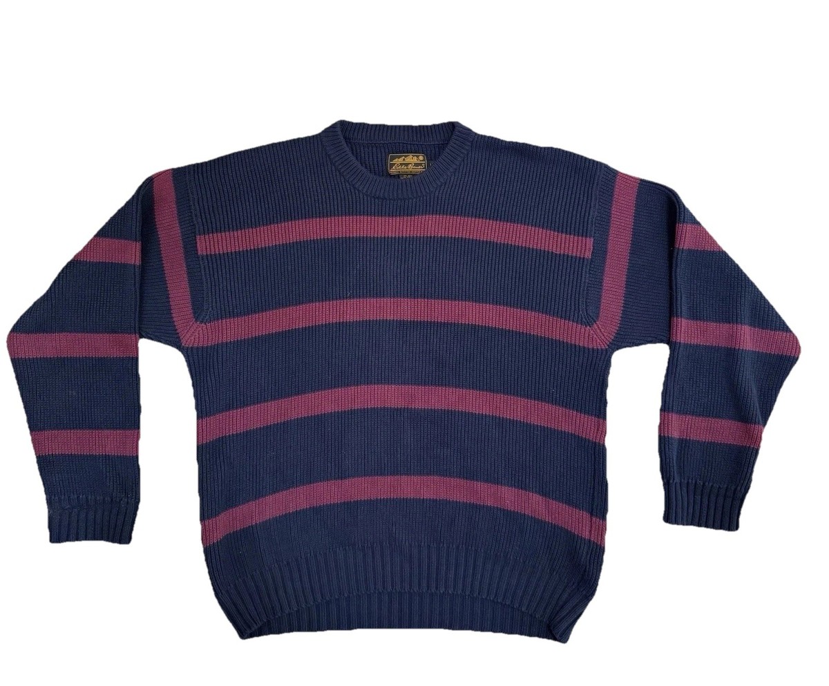 Vtg Eddie Bauer Knit Sweater Mens L Cotton Blue Striped Heavy 90s