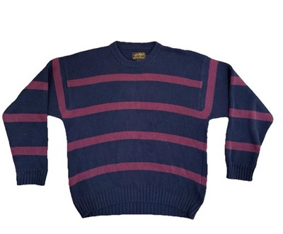 Vtg Eddie Bauer Knit Sweater Mens L Cotton Blue Striped Heavy 90s