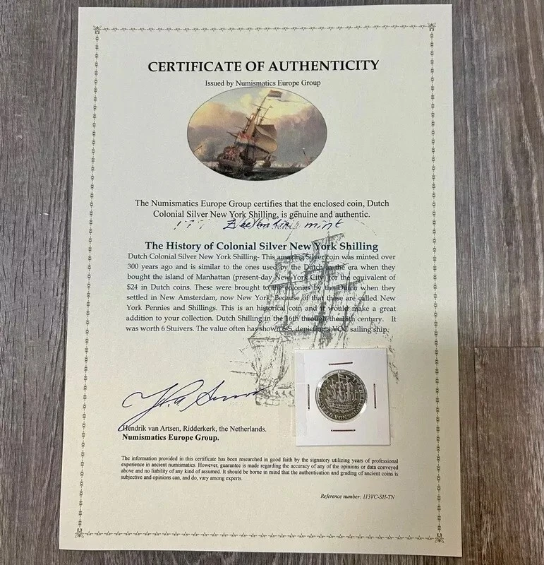 Certificado de Autenticidad Plata 1790 Barco Colonial Nueva York Chelín Zelanda Foto 4 de 4