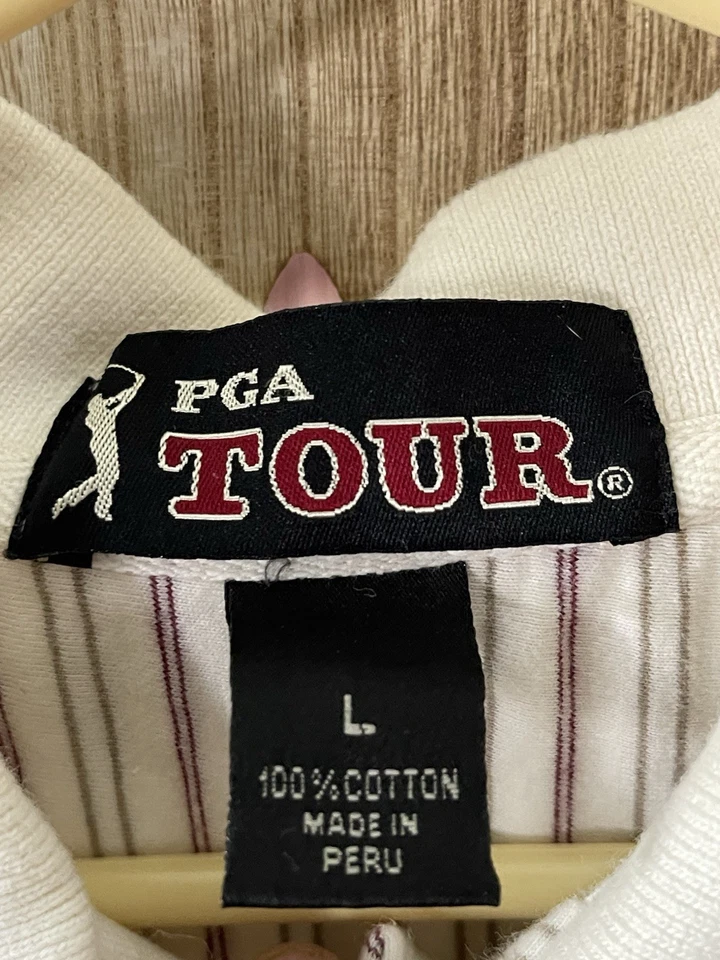 Camisa polo vintage del PGA Tour para hombre grande L blanca granate a rayas 100 % algodón Foto 2 de 3