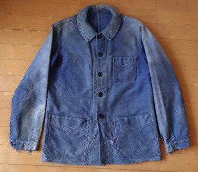 Vintage 40s 50s Le Mont St Michel Blue Moleskin Jacket V-Pockets FREE SHIPPING