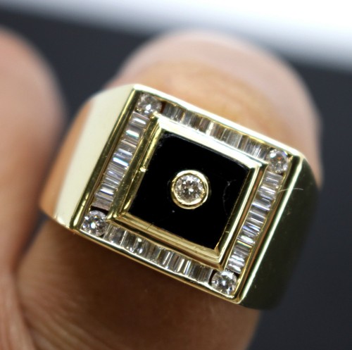 Anillo distintivo de oro amarillo macizo de 14K con sello de ónix y diamantes redondos de ónix para hombre - Imagen 8 de 14