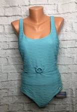 Sunseeker Bathing Suit NWT Womens Size 10 Aqua Textured Cinch Waist One Piece
