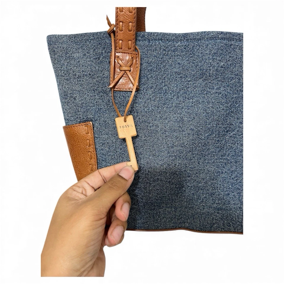 De Colección Fossil Cartera Bolso Cartera Lona Azul Denim Marrón Cuero Asa Superior 14" Foto 2 de 4