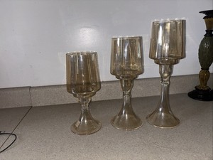 VINTAGE GLASS CANDLE HOLDER IN AMBER TONE SET OF 3