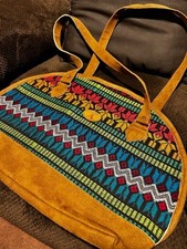 Handmade Guatemala Mayan Woven Boho Shoulder Bag Tote Suede Colorful Hobo