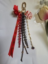 Red Gray Gold Beaded Heart Ribbon Charm Keyring Keychain for Women