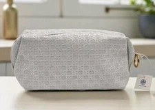 Tory Burch Pouch White Faux Leather Cosmetic Makeup Bag Case Fretwork Cane Web