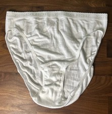 Vtg VICTORIA SECRET L WHITE 100 COTTON RARE HI LEG BRIEF PANTIES Logo Band