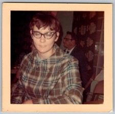 Vtg Color Snapshot Woman Plaid Glasses Party Setting 1960s