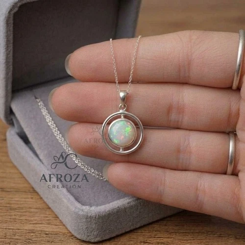 Round Opal Pendant Handmade Sterling Silver Natural Ethiopian Fire Opal Jewelry - product listing photo