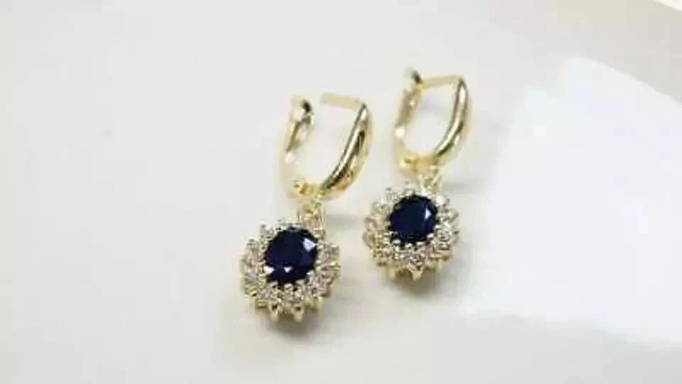 3.50Ct Oval Cut Lab Created Blue Sapphire Drop/Dangle Earring 14K Yellow Gold Fn - Image 2 of 4