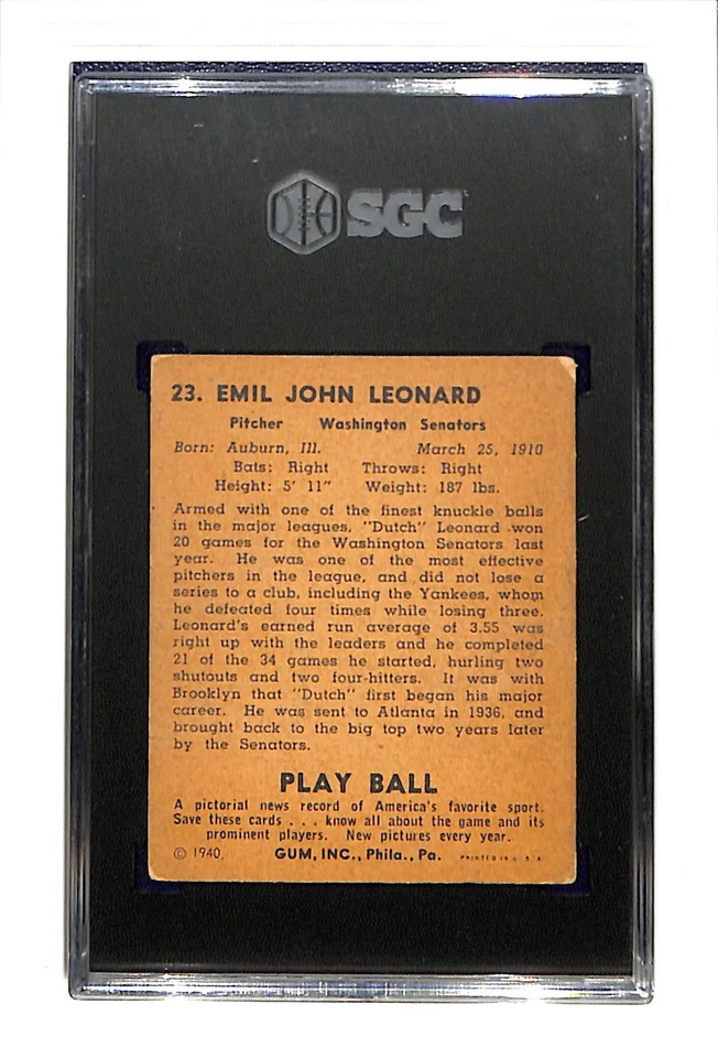 1940 Playball #23 "Dutch" Leonard SGC 2.5 SN 2428953 - Image 2 of 2