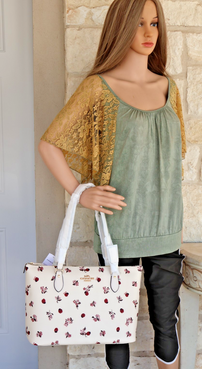 NEW Coach Gallery Tote Bag Ladybug Floral Print Gold/Chalk Multi