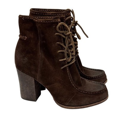 Frye Parker Lace Up Dark Brown Suede Moc Toe Block Heel Ankle Boots Size 10