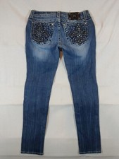 Miss Me Jeans Women's 30 Skinny Lowrise Embellished Fleur De Lis Denim Blue