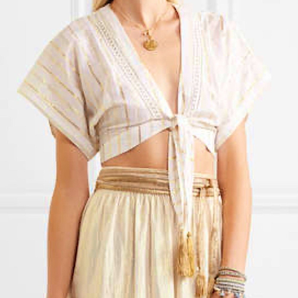Miguelina Saanchi Cropped Striped Metallic Cotton Gauze Tie Front