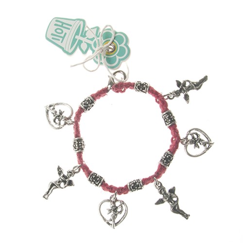 HOTI Hemp Handmade Red Charm Bracelet Ladies Love Cupid Heart Angels Metal NWT - Bild 4 von 4