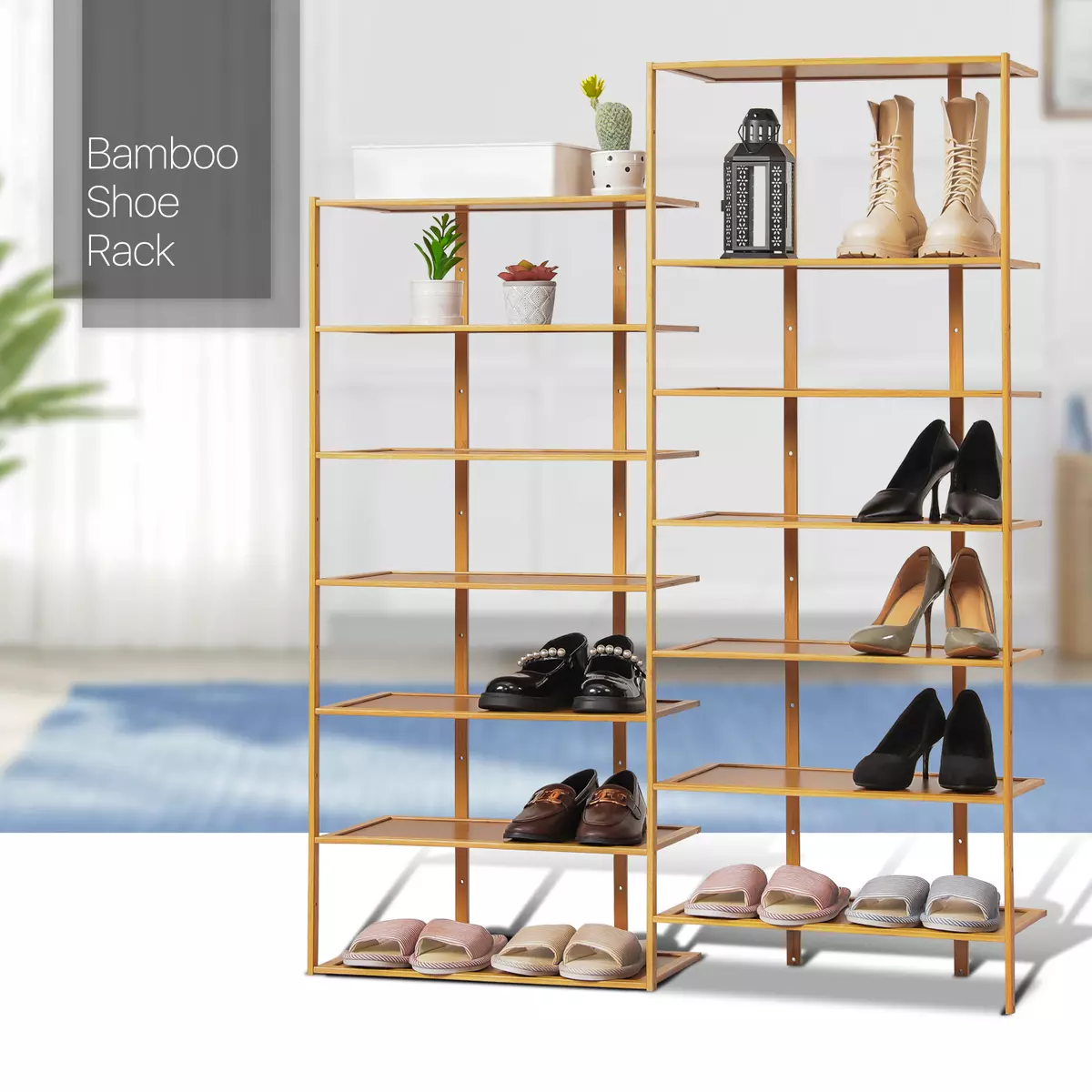 MoNiBloom Bamboo 14 Tier Shoe Rack Freestanding Vertical Shoe Storage, Natural