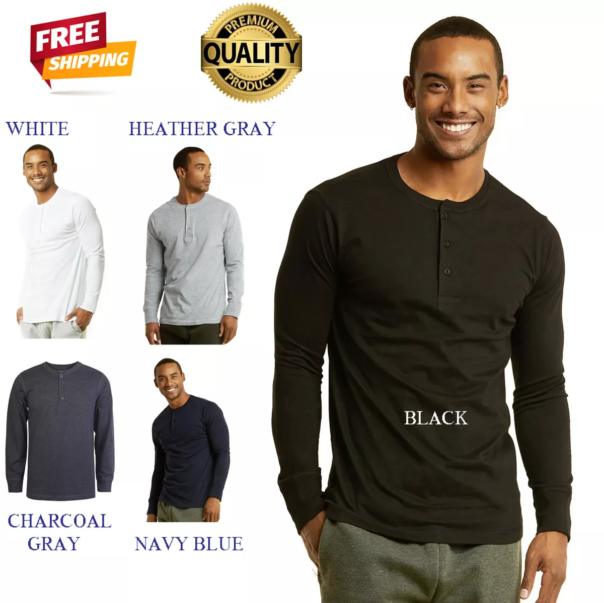 New Mens Henley Shirt T-shirts shirts Long Sleeve Cotton Pullover