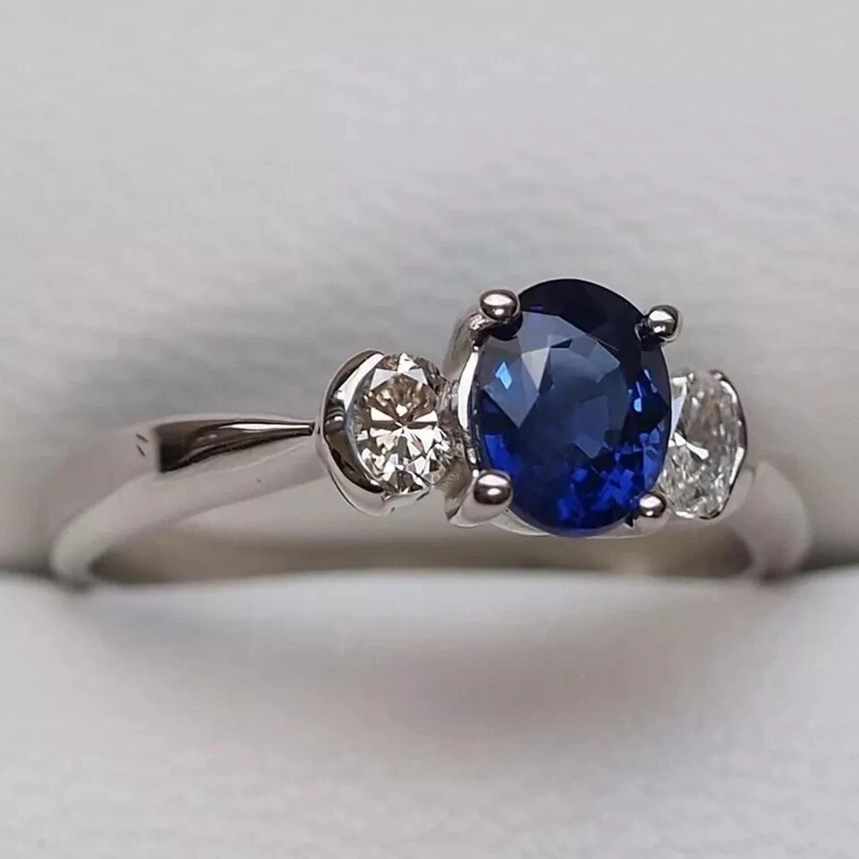 2ct Oval Cut Blue Sapphire Three Stone Diamond Trilogy Ring 14k White Gold Over - Image 2 of 4