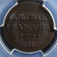 9 deniers 1722H French Colonies Colonial USA PCGS VF det New France Plate Martin