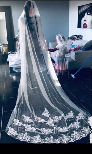White Ivory 3m/10 Ft Wedding Cathedral Veil 1T One Layer Lace Appliqué Edge - Picture 4 of 9