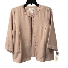 Alfred Dunner Light Pink Open-Front Jacket Siz 14 Scalloped Trim 3/4 Sleeves