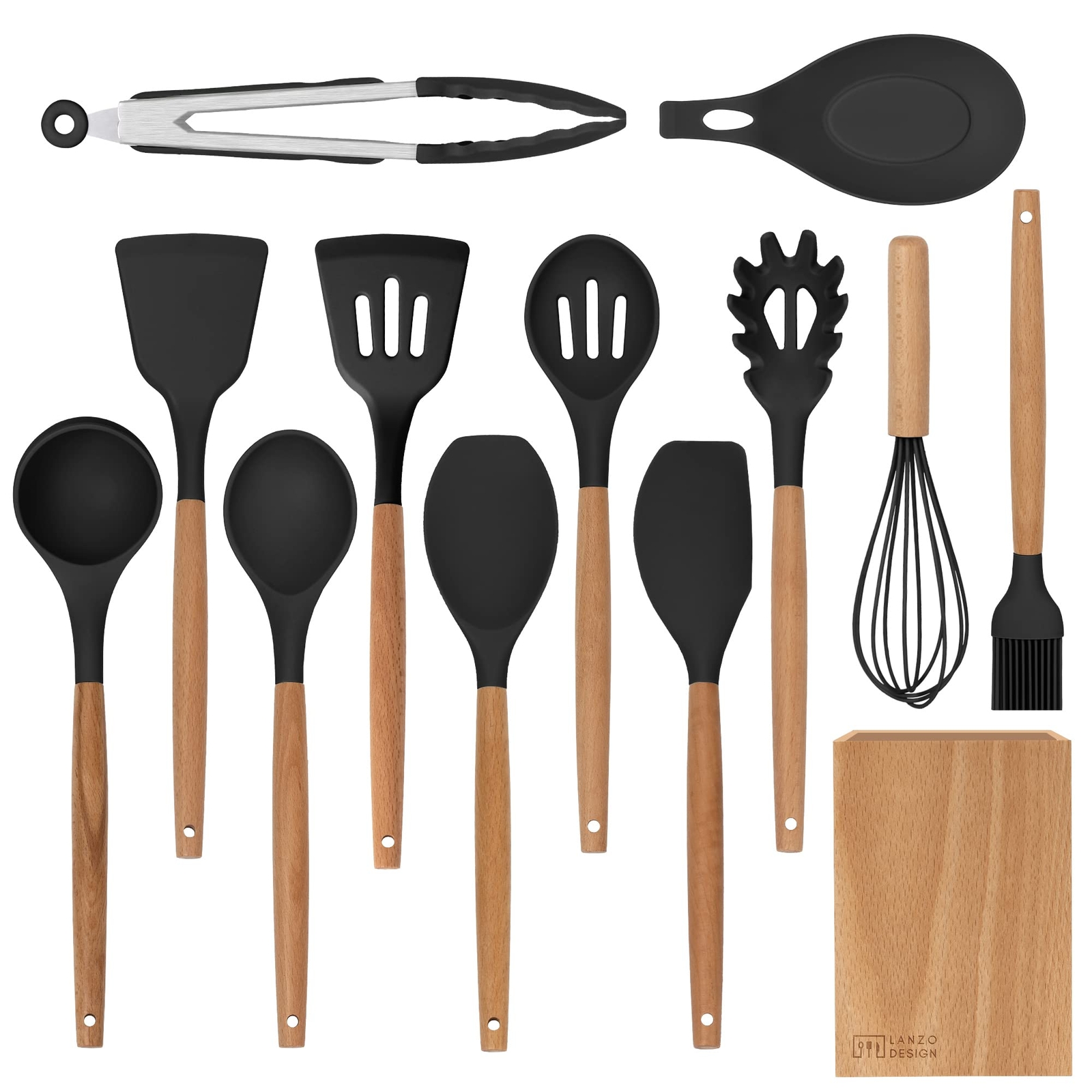 Lanzo Design Kitchen Utensil Set, 13 pcs Non-Stick Silicone Cooking Utensils ...