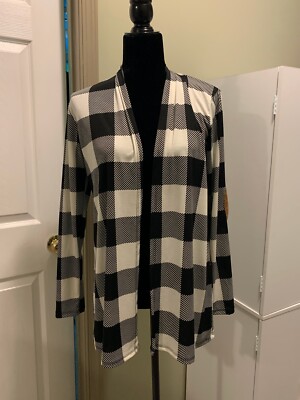 Women Hemish Size M Black & White Buffalo Check Kimono Sweater Patch Elbows EUC