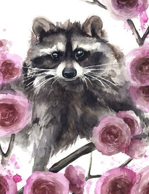 Original Watercolor Painting Raccoon Animal Wild Nature Art Flower Tree Wall Art | Ebay