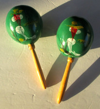 2 Vtg Mexican 8" Maracas  Hand Painted Gourd Shakers, Folk Art