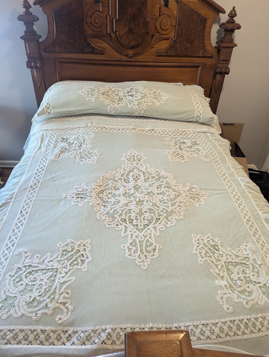 Antique Vintage 1900's Tape Lace Net Mesh Bedspread Coverlet